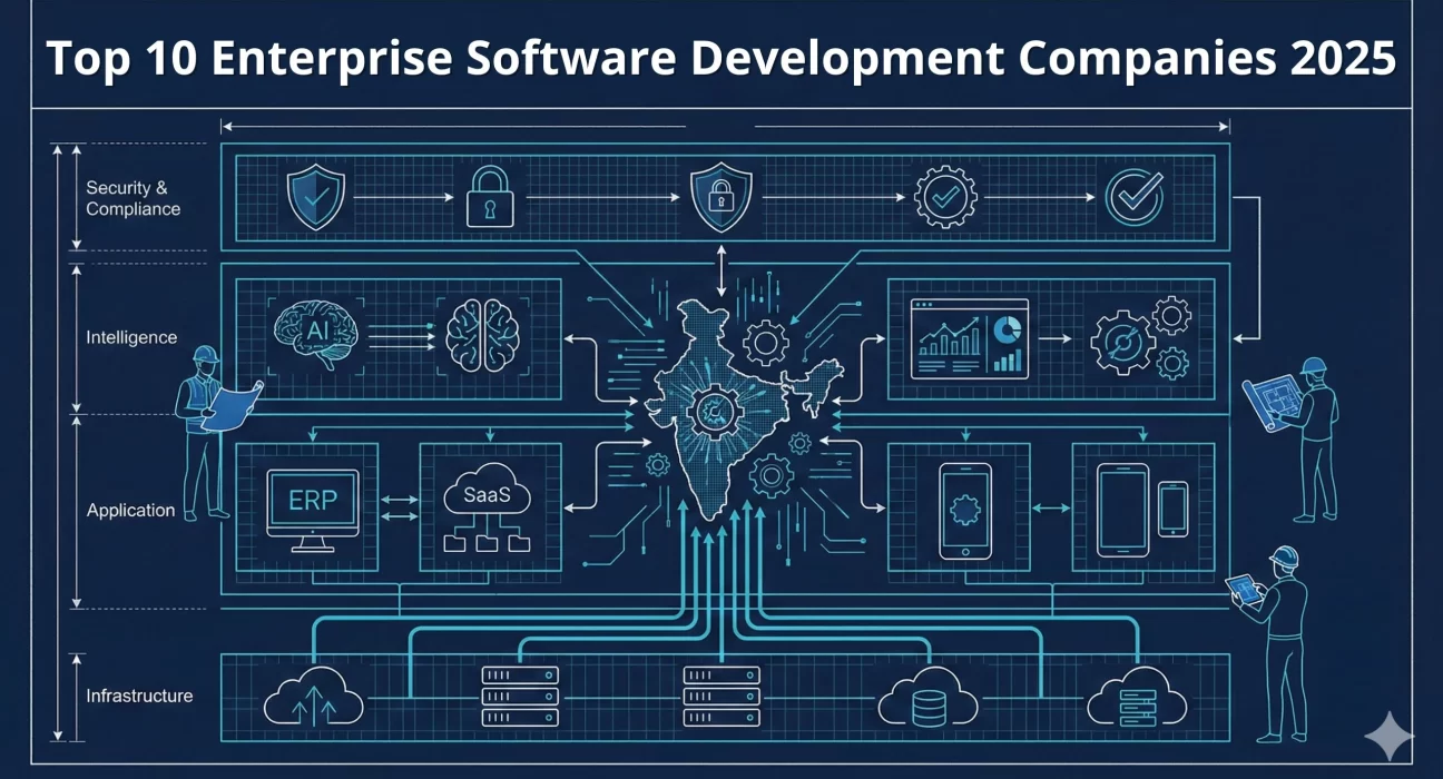 Illustrated enterprise software system architecture diagram showing India at the center connected to security and compliance, AI intelligence, ERP and SaaS applications, analytics dashboards, mobile platforms, and cloud infrastructure, representing end-to-end enterprise software development capabilities in 2025.
