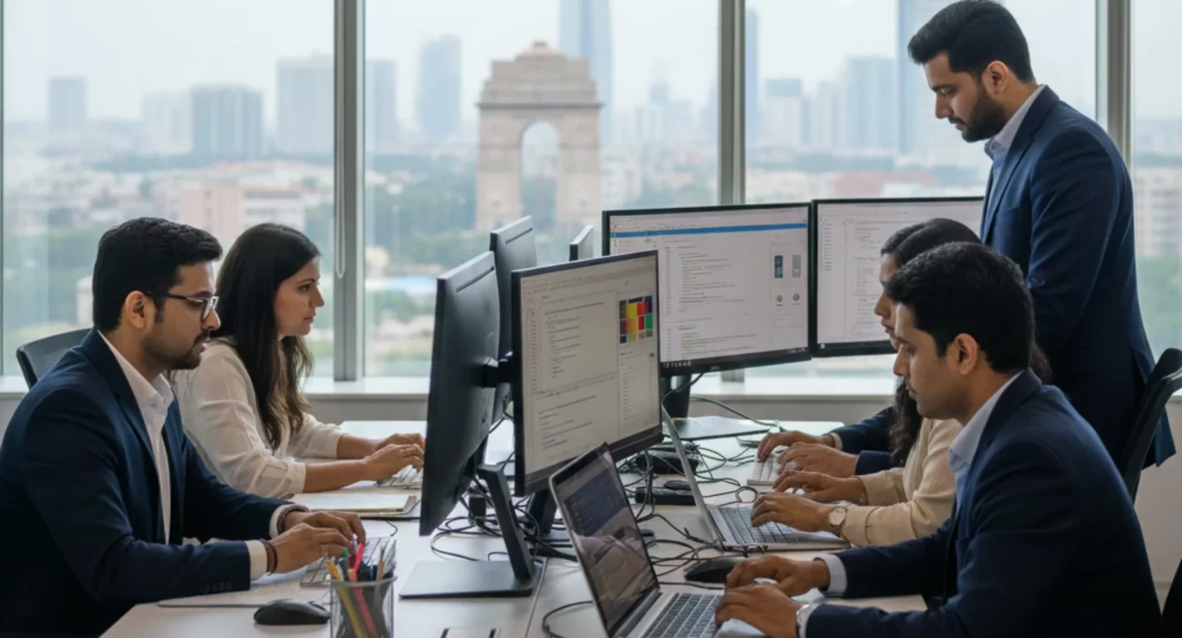 Realistic office scene of mobile app developers in Delhi NCR working on Android and iOS applications.