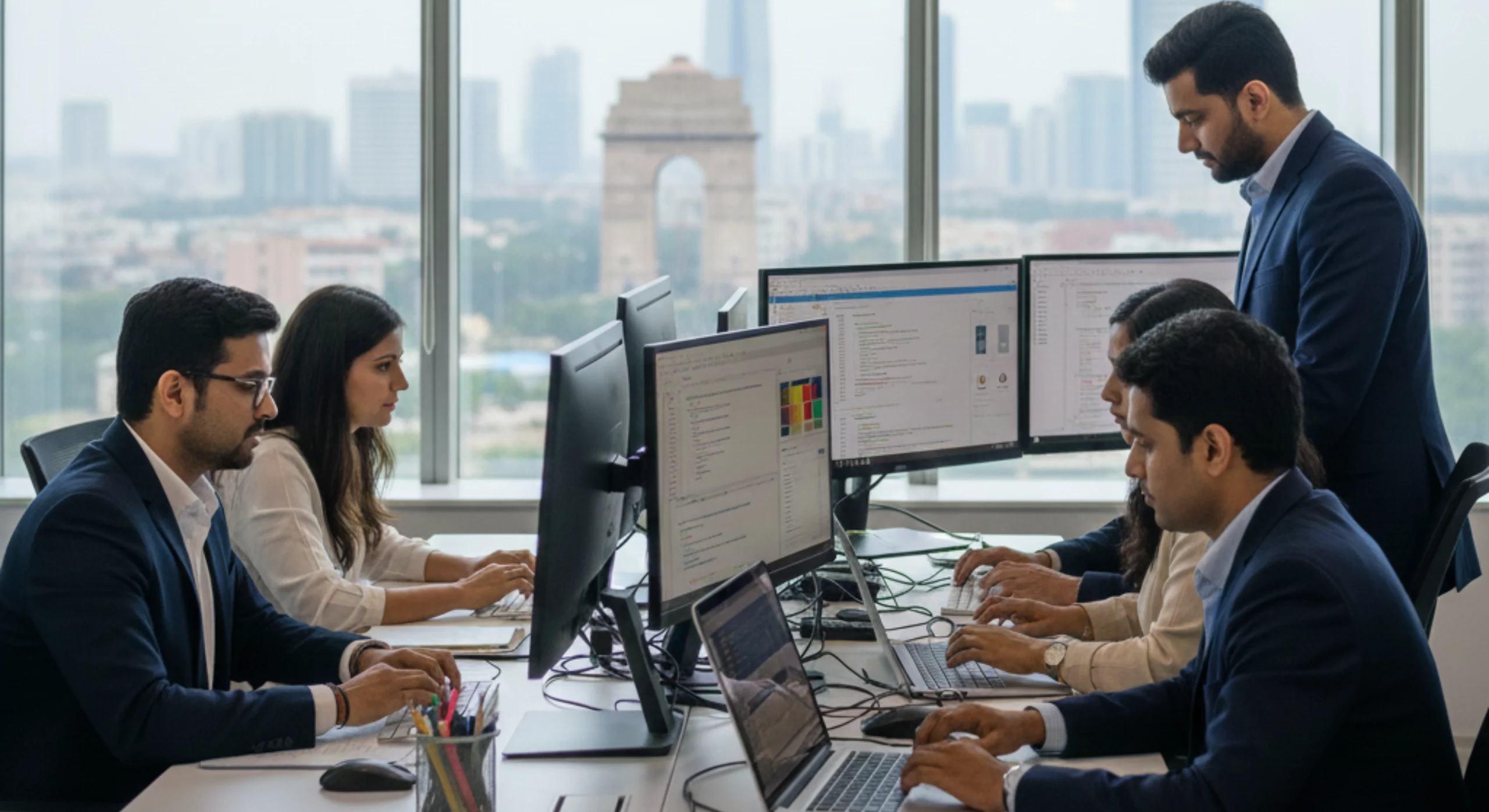 Realistic office scene of mobile app developers in Delhi NCR working on Android and iOS applications.