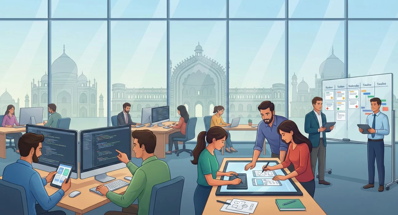 Illustration of a mobile app development team collaborating in a modern office in Lucknow, with developers coding, designing app interfaces, and planning projects, and iconic Lucknow architecture visible through large office windows.
