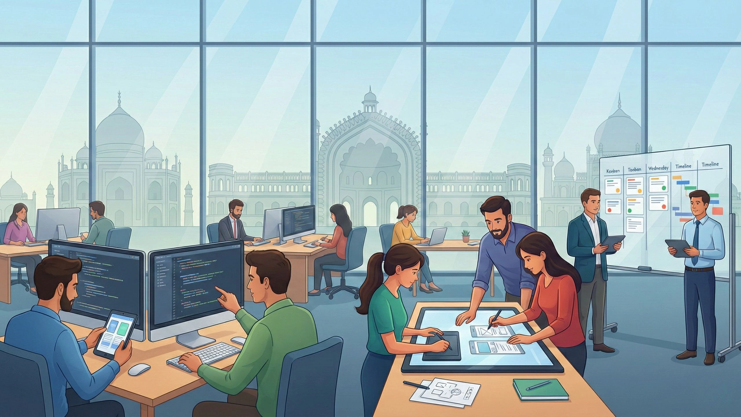 Illustration of a mobile app development team collaborating in a modern office in Lucknow, with developers coding, designing app interfaces, and planning projects, and iconic Lucknow architecture visible through large office windows.