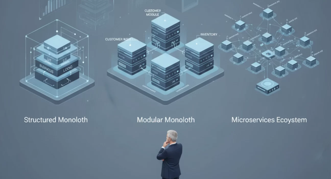 Enterprise architecture comparison between monolith, modular monolith, and microservices at scale