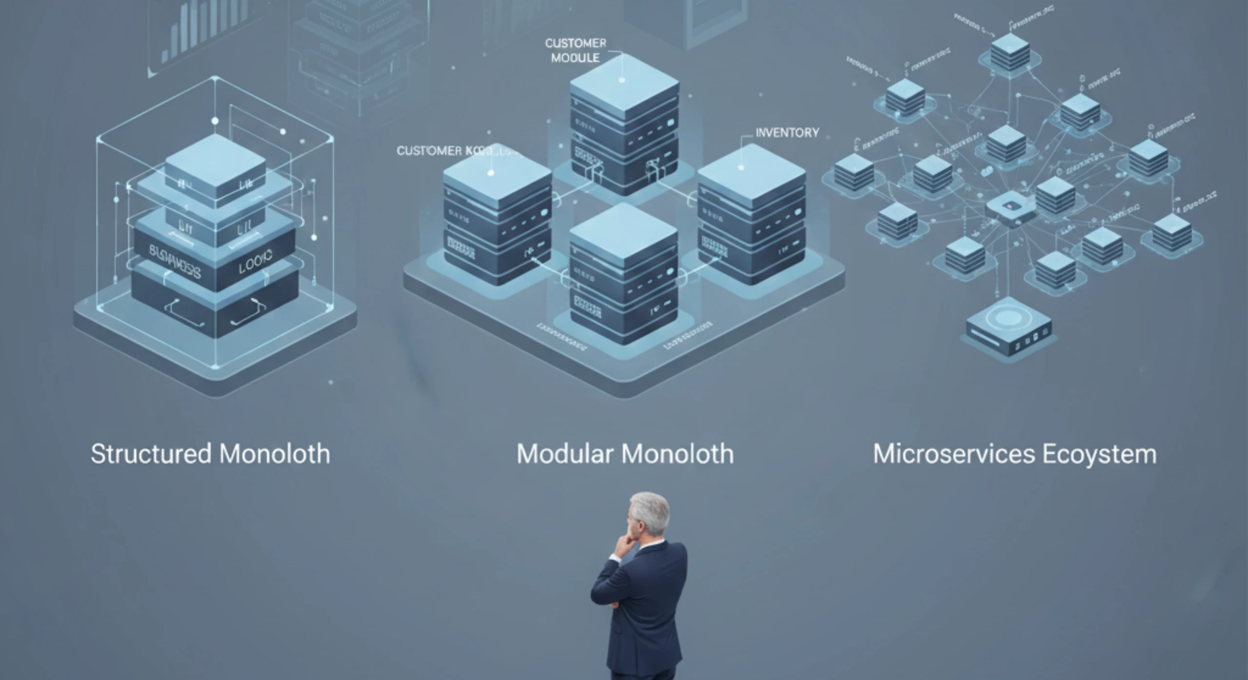 Enterprise architecture comparison between monolith, modular monolith, and microservices at scale