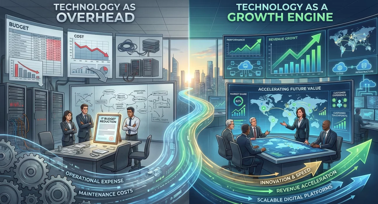 Split enterprise illustration comparing technology as a cost center with declining budgets and maintenance expenses on one side, and technology as a growth engine on the other, showing rising revenue, innovation, scalable digital platforms, and executives using data-driven dashboards to drive business growth.