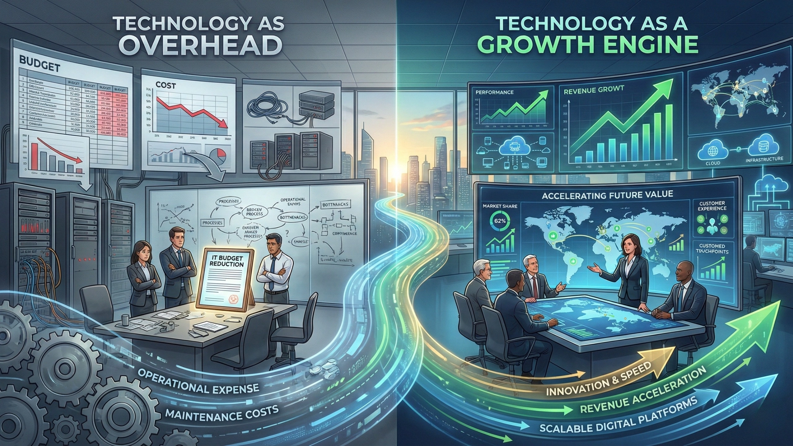 Split enterprise illustration comparing technology as a cost center with declining budgets and maintenance expenses on one side, and technology as a growth engine on the other, showing rising revenue, innovation, scalable digital platforms, and executives using data-driven dashboards to drive business growth.