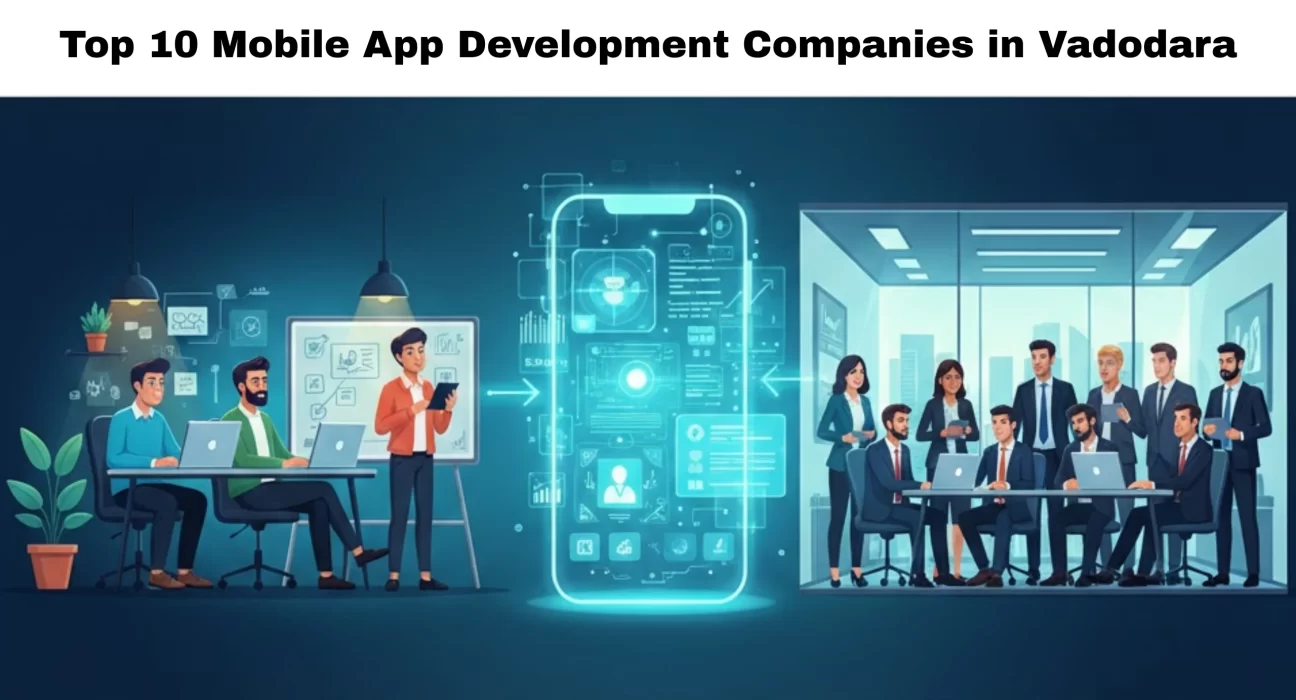 Baroda city view blended with mobile app and software development visuals