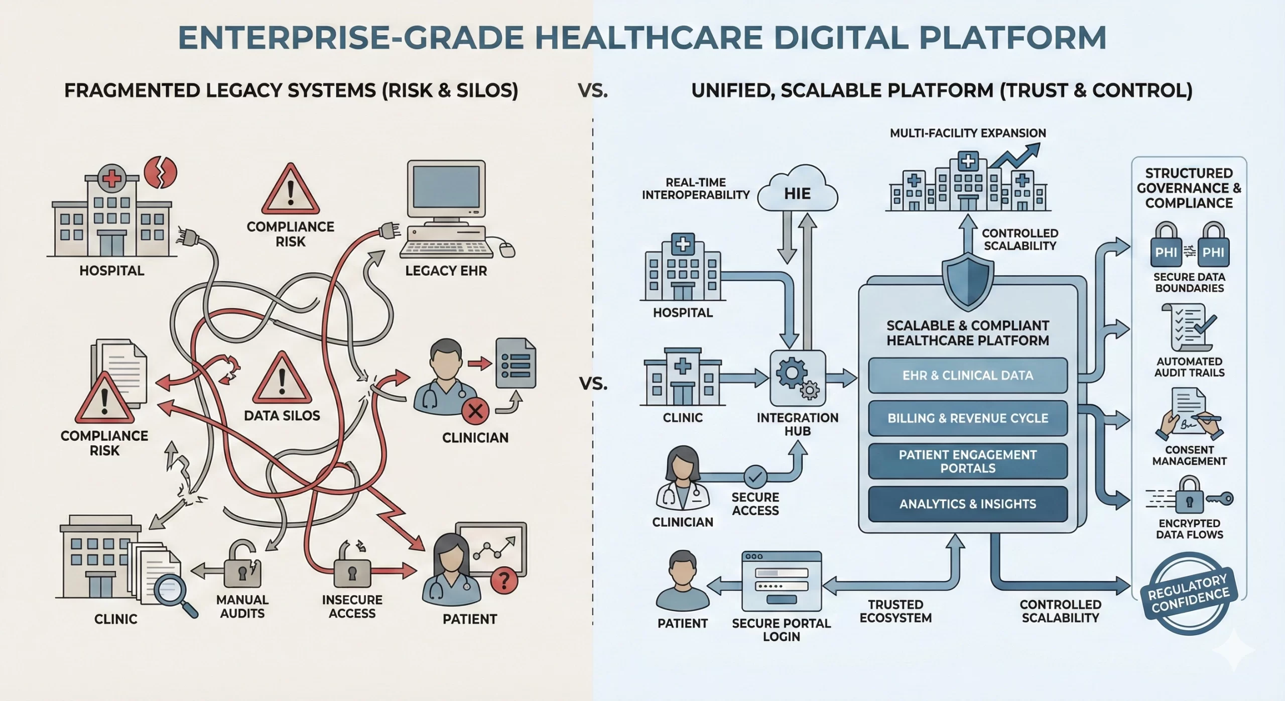 Side-by-side illustration comparing fragmented healthcare legacy systems with data silos, compliance risks, manual audits, insecure access, and disconnected hospitals, clinics, clinicians, and patients, versus a unified, scalable healthcare digital platform featuring real-time interoperability, integration hubs, secure access, compliant EHR and clinical data, billing and revenue cycle management, patient engagement portals, analytics, structured governance, encrypted data flows, automated audit trails, and controlled multi-facility expansion.