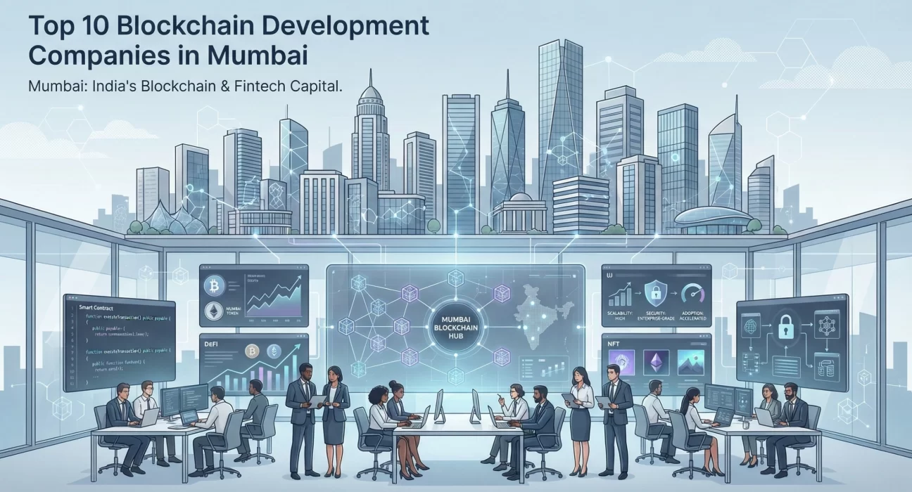 Wide illustration of Mumbai’s skyline with a large blockchain operations centre showing DeFi analytics, smart contracts, NFTs, security dashboards, and teams of professionals working on enterprise blockchain solutions, highlighting Mumbai as India’s blockchain and fintech hub.