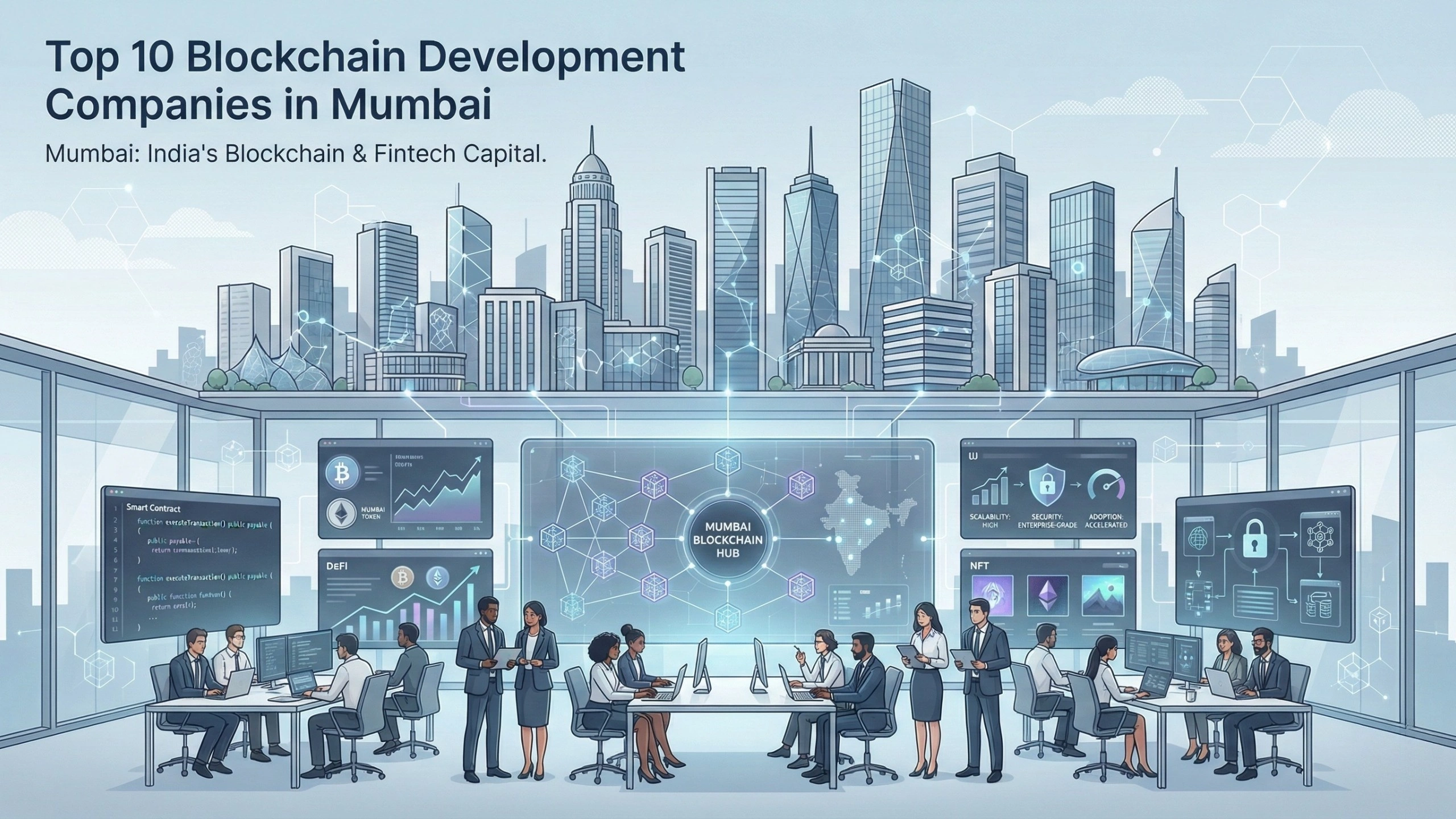 Wide illustration of Mumbai’s skyline with a large blockchain operations centre showing DeFi analytics, smart contracts, NFTs, security dashboards, and teams of professionals working on enterprise blockchain solutions, highlighting Mumbai as India’s blockchain and fintech hub.