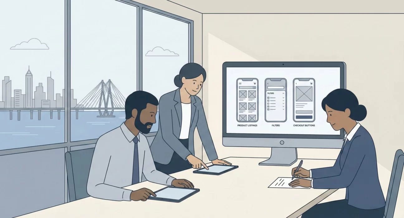An illustration of three diverse professionals in a modern office with a city skyline view. They are collaborating on mobile app designs displayed on a large monitor showing 'Product Listings,' 'Filters,' and 'Checkout Buttons.' Two team members use tablets while another takes notes.
