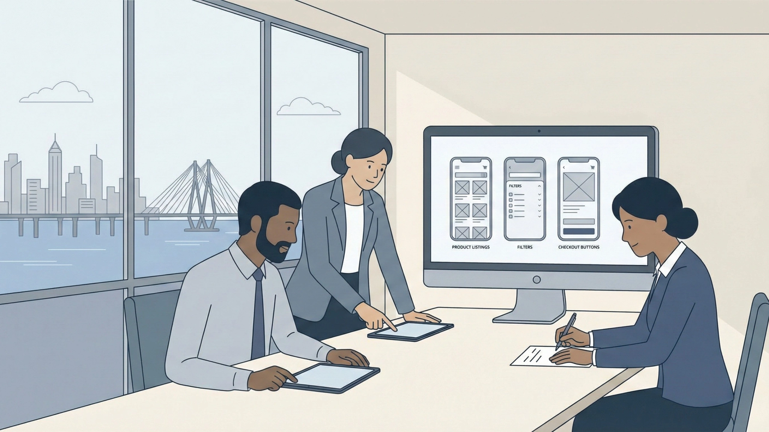 An illustration of three diverse professionals in a modern office with a city skyline view. They are collaborating on mobile app designs displayed on a large monitor showing 'Product Listings,' 'Filters,' and 'Checkout Buttons.' Two team members use tablets while another takes notes.