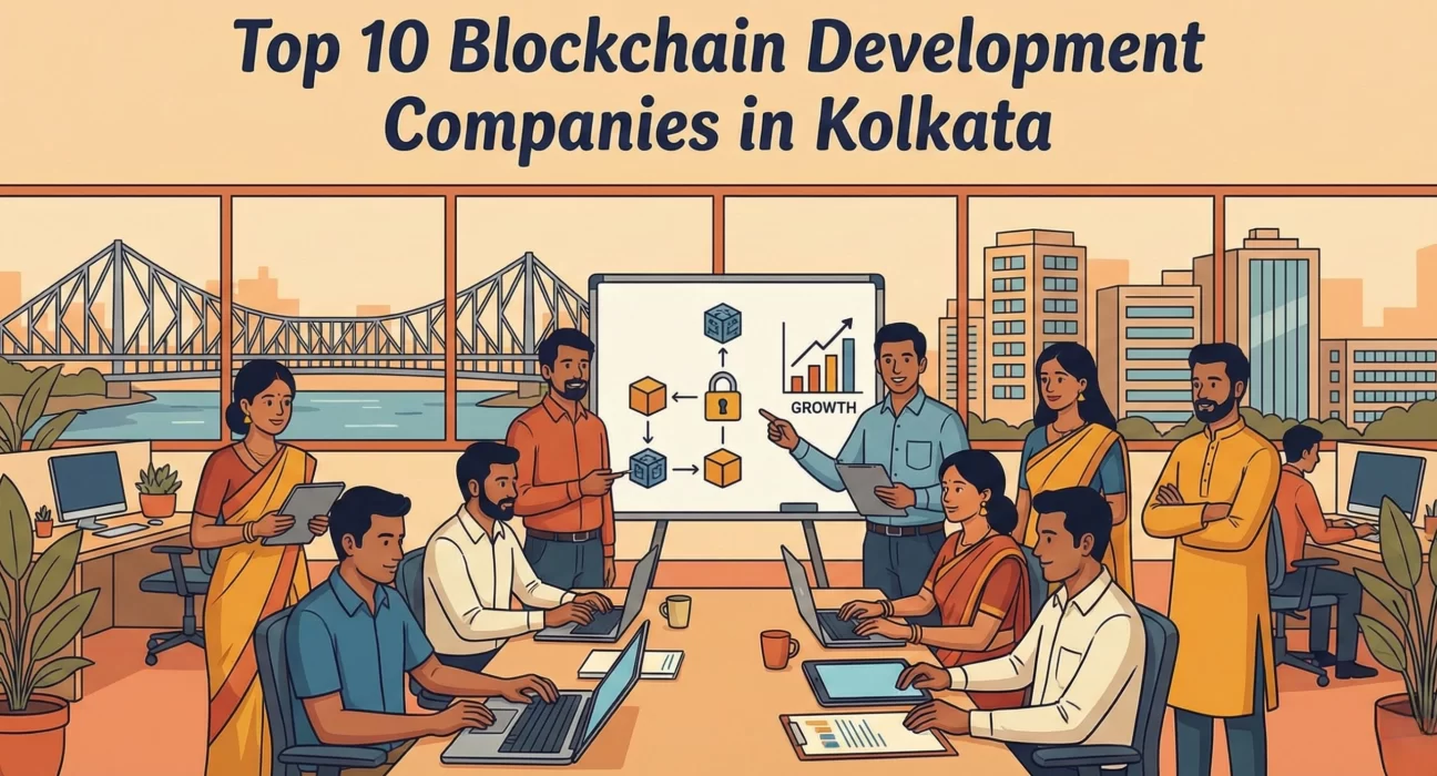 Illustration of a diverse blockchain development team collaborating in a modern office in Kolkata, discussing blockchain architecture, security, and business growth, with the Howrah Bridge and city skyline visible in the background.