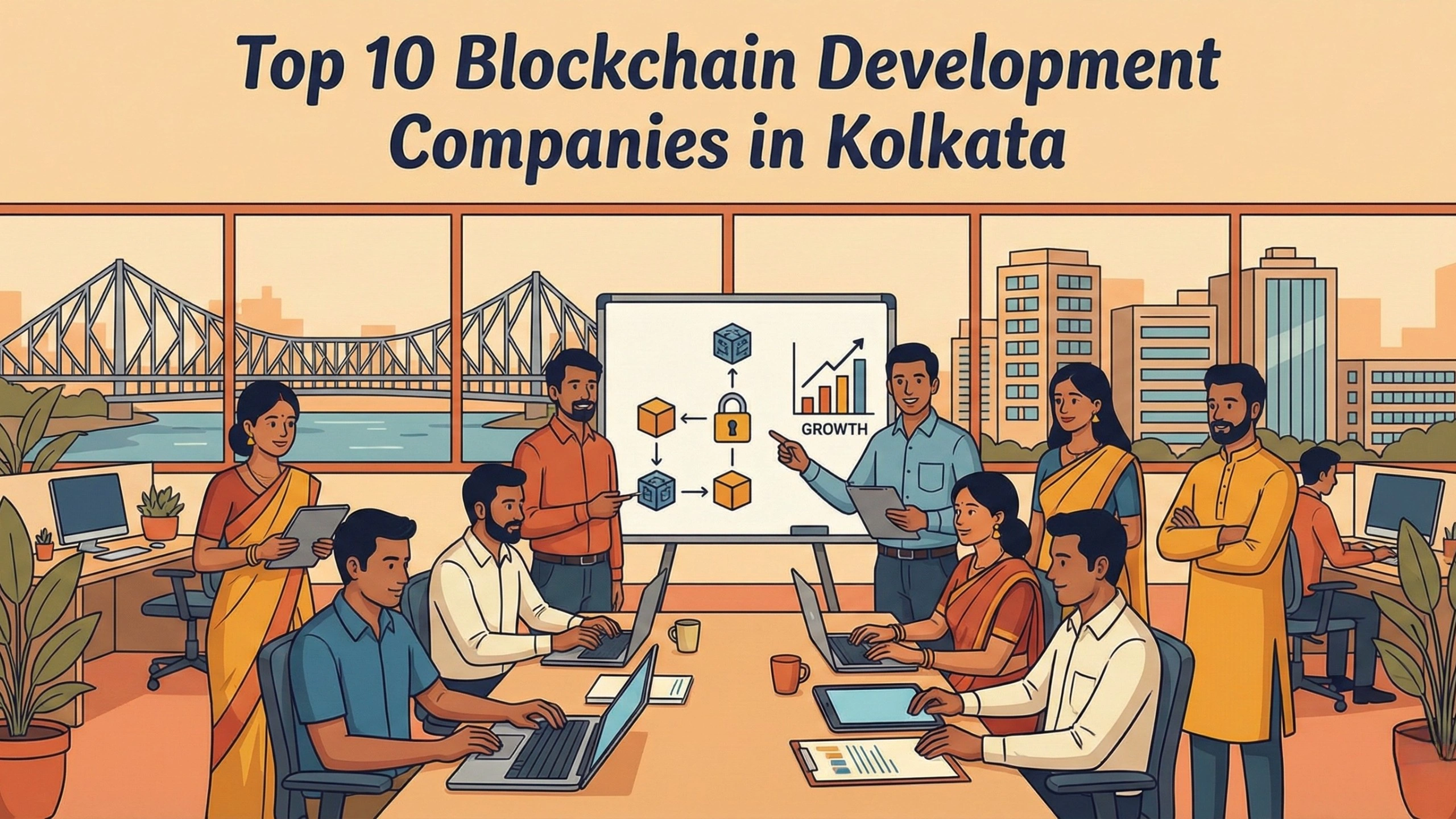 Illustration of a diverse blockchain development team collaborating in a modern office in Kolkata, discussing blockchain architecture, security, and business growth, with the Howrah Bridge and city skyline visible in the background.