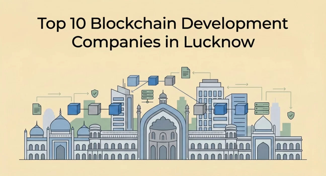 Isometric cityscape of Lucknow on a beige background featuring floating data blocks and server towers connected by a blockchain network.