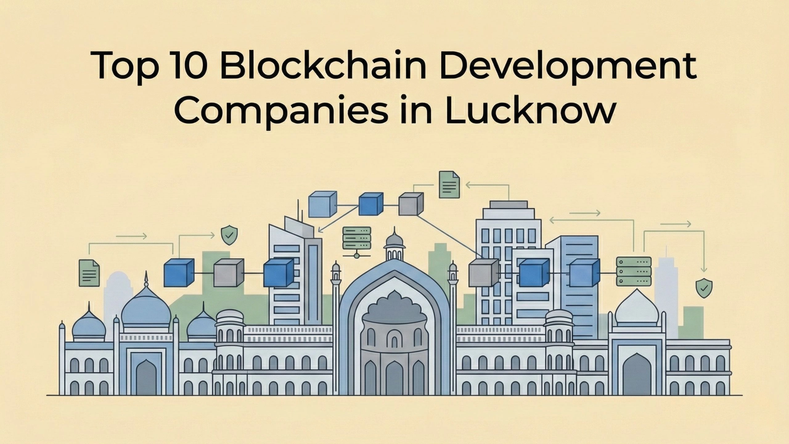Isometric cityscape of Lucknow on a beige background featuring floating data blocks and server towers connected by a blockchain network.
