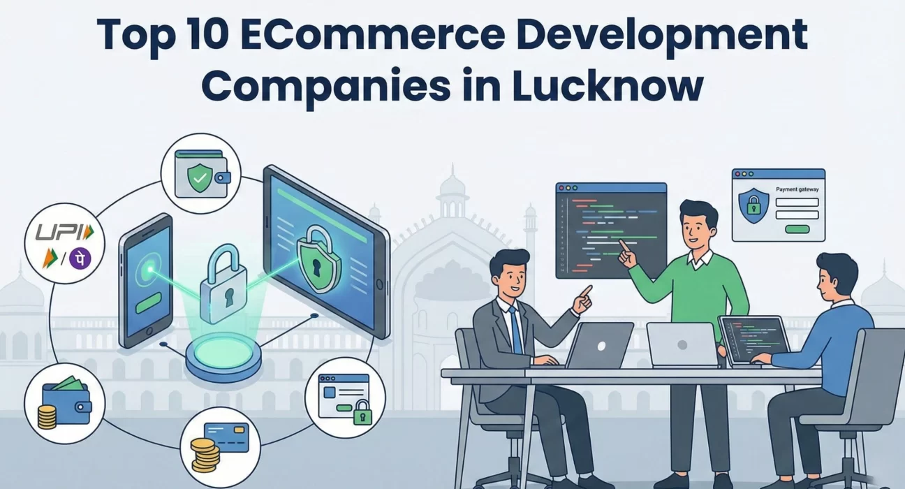 Illustration showing eCommerce developers in Lucknow building secure online platforms, highlighting payment gateway integration, UPI and digital wallets, data security, and collaborative coding workflows with Lucknow architectural elements in the background.