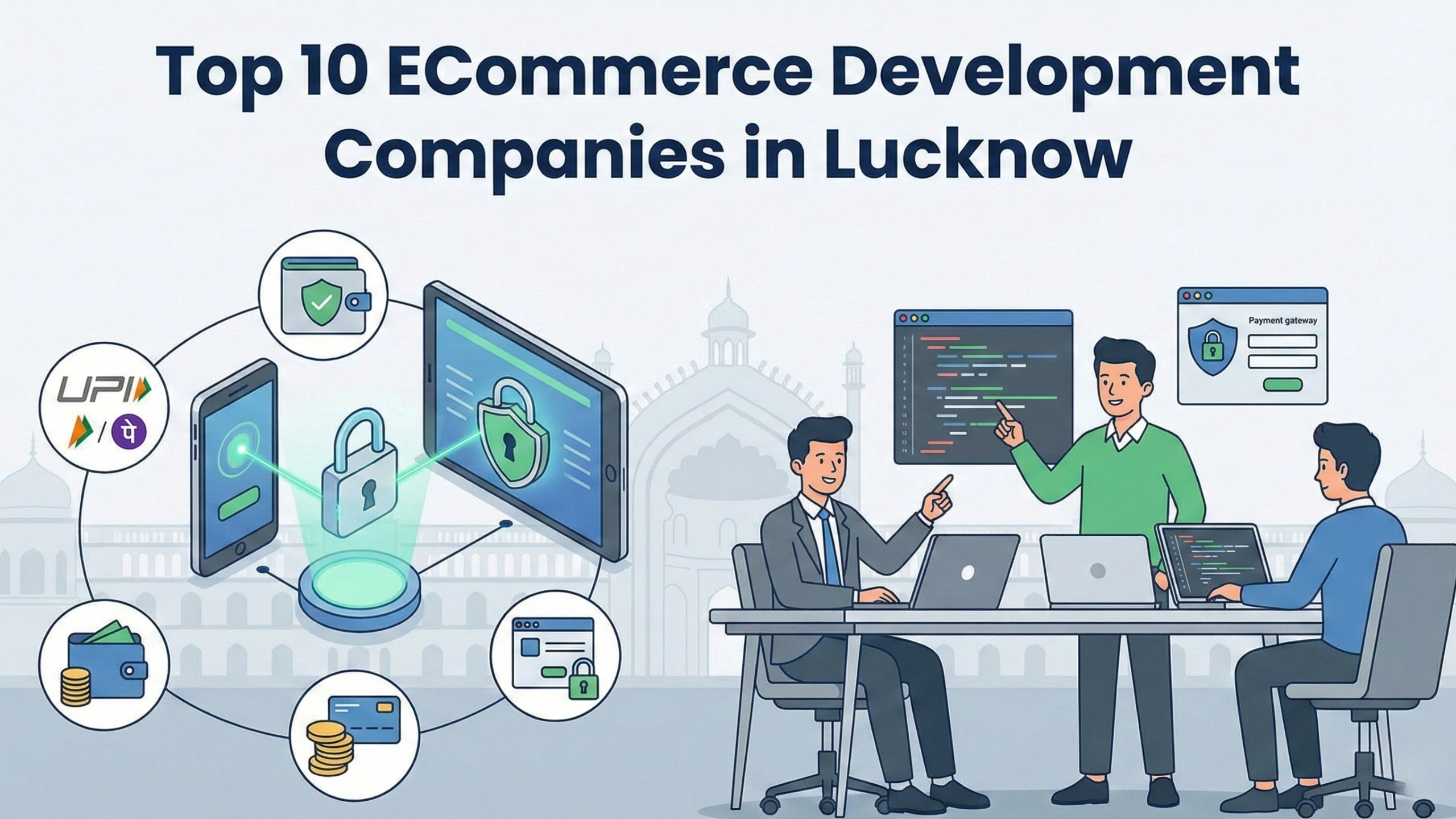 Illustration showing eCommerce developers in Lucknow building secure online platforms, highlighting payment gateway integration, UPI and digital wallets, data security, and collaborative coding workflows with Lucknow architectural elements in the background.