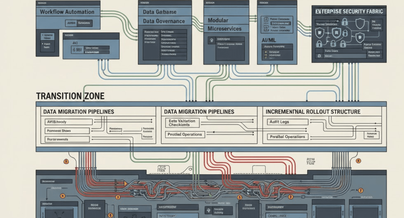 Enterprise operational resilience architecture showing critical business services, system dependencies, failover mechanisms, and governance oversight at scale
