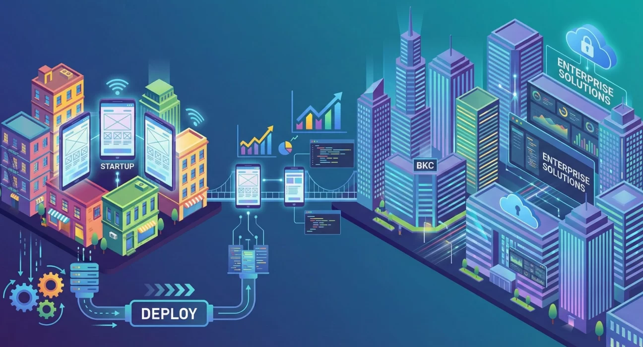 Illustration showing Mumbai’s mobile app development ecosystem, connecting startups to BKC enterprise hubs through app deployment, cloud infrastructure, analytics, and secure digital solutions.