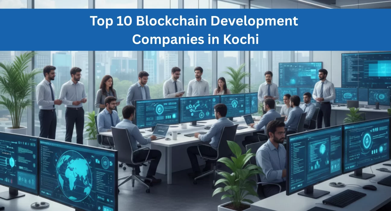 Blockchain development team working on Web3 and smart contracts in a modern Kochi office