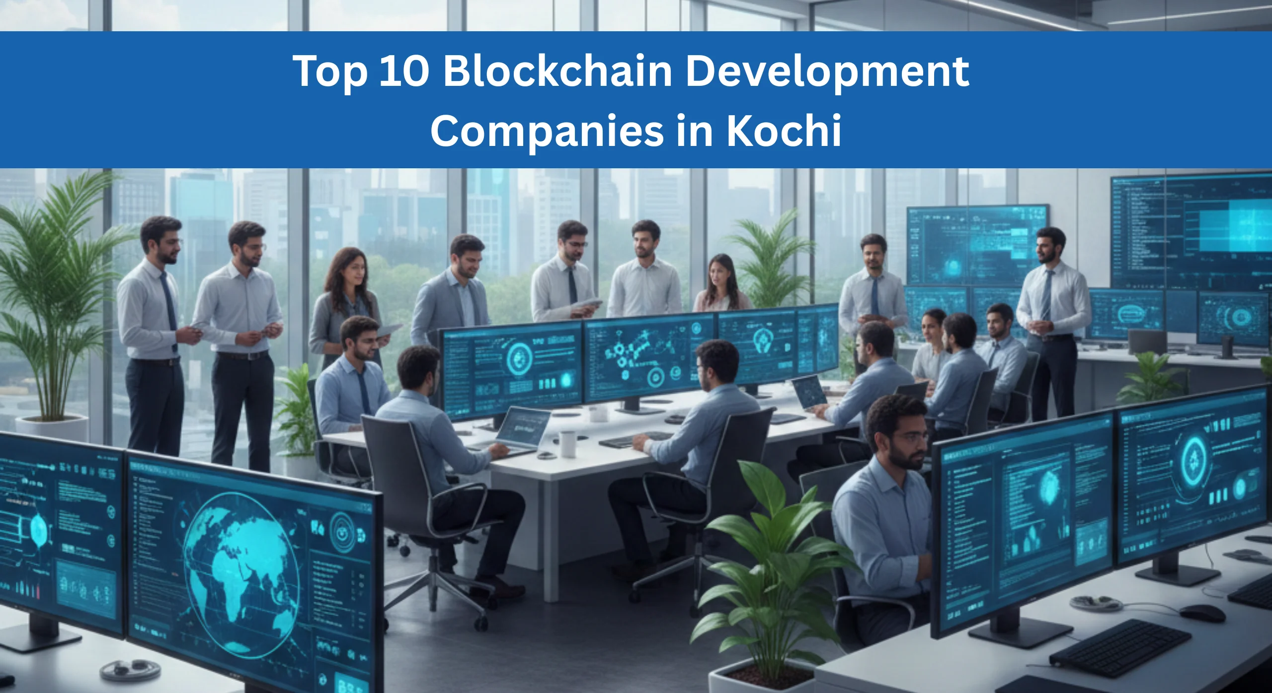Blockchain development team working on Web3 and smart contracts in a modern Kochi office