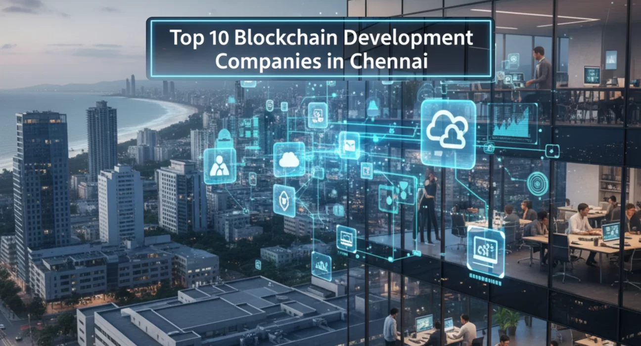 Modern Chennai cityscape with office professionals working on blockchain technology, showing digital networks, cloud icons, and enterprise blockchain systems.