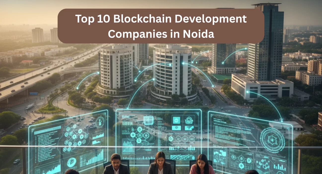 Noida city skyline with IT towers and blockchain data dashboards highlighting Web3, smart contracts, and decentralised network development.