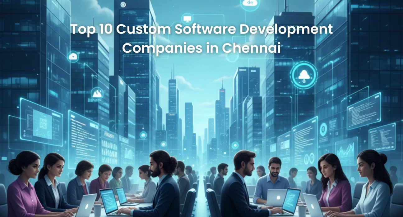 Professionals collaborating on custom software development with digital dashboards and cloud technology in a modern Chennai city IT environment.