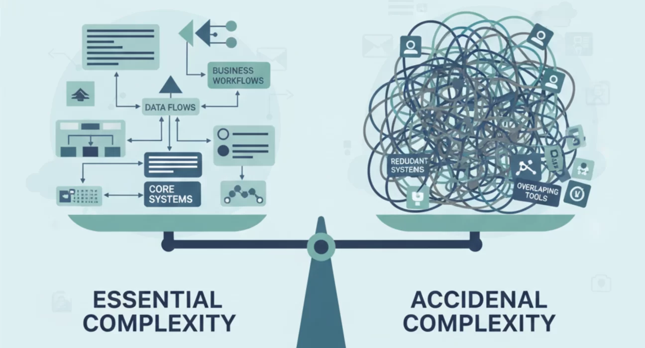 Illustration of complex enterprise systems and integrations being simplified into a streamlined, modern architecture.