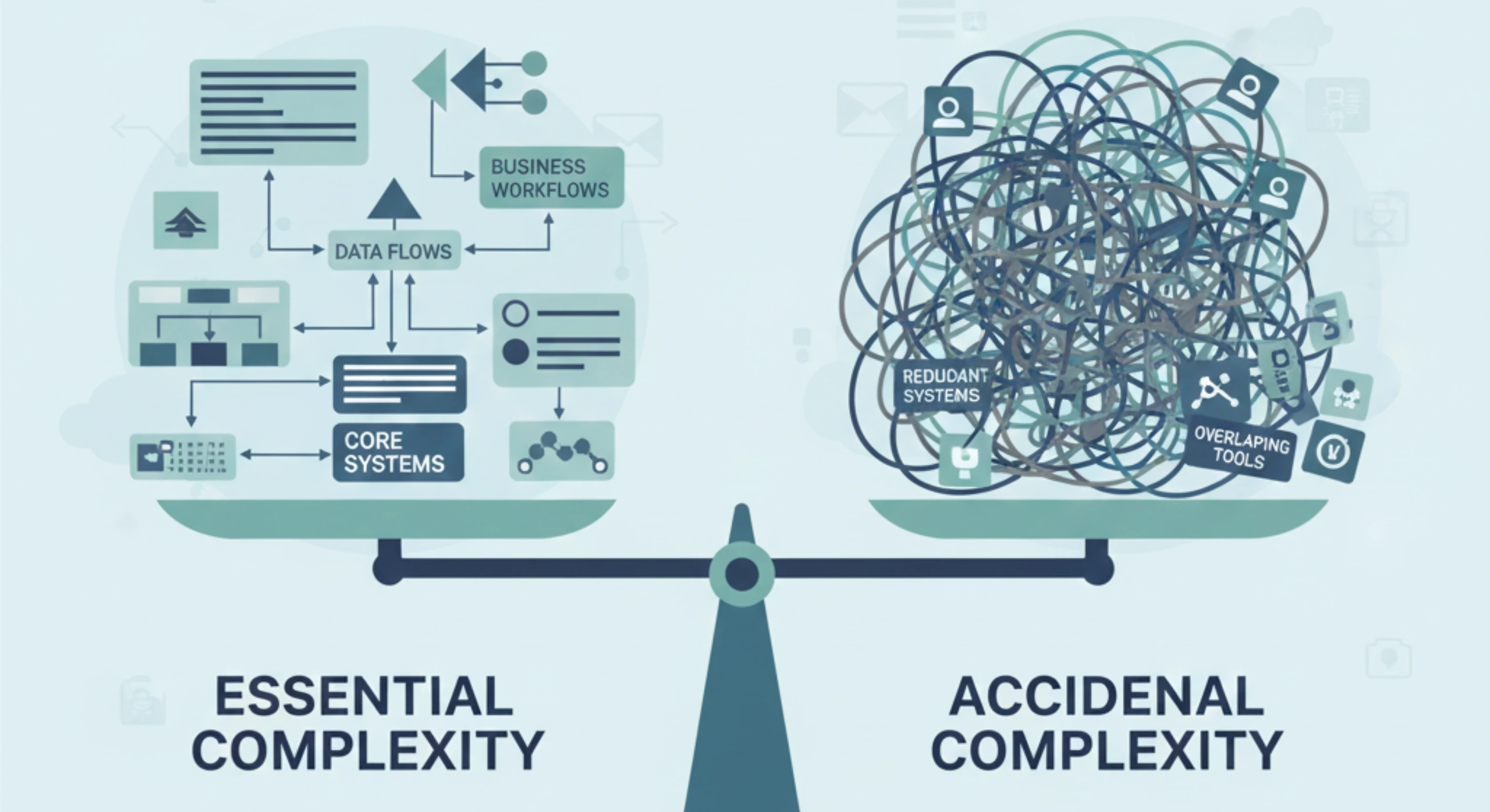 Illustration of complex enterprise systems and integrations being simplified into a streamlined, modern architecture.
