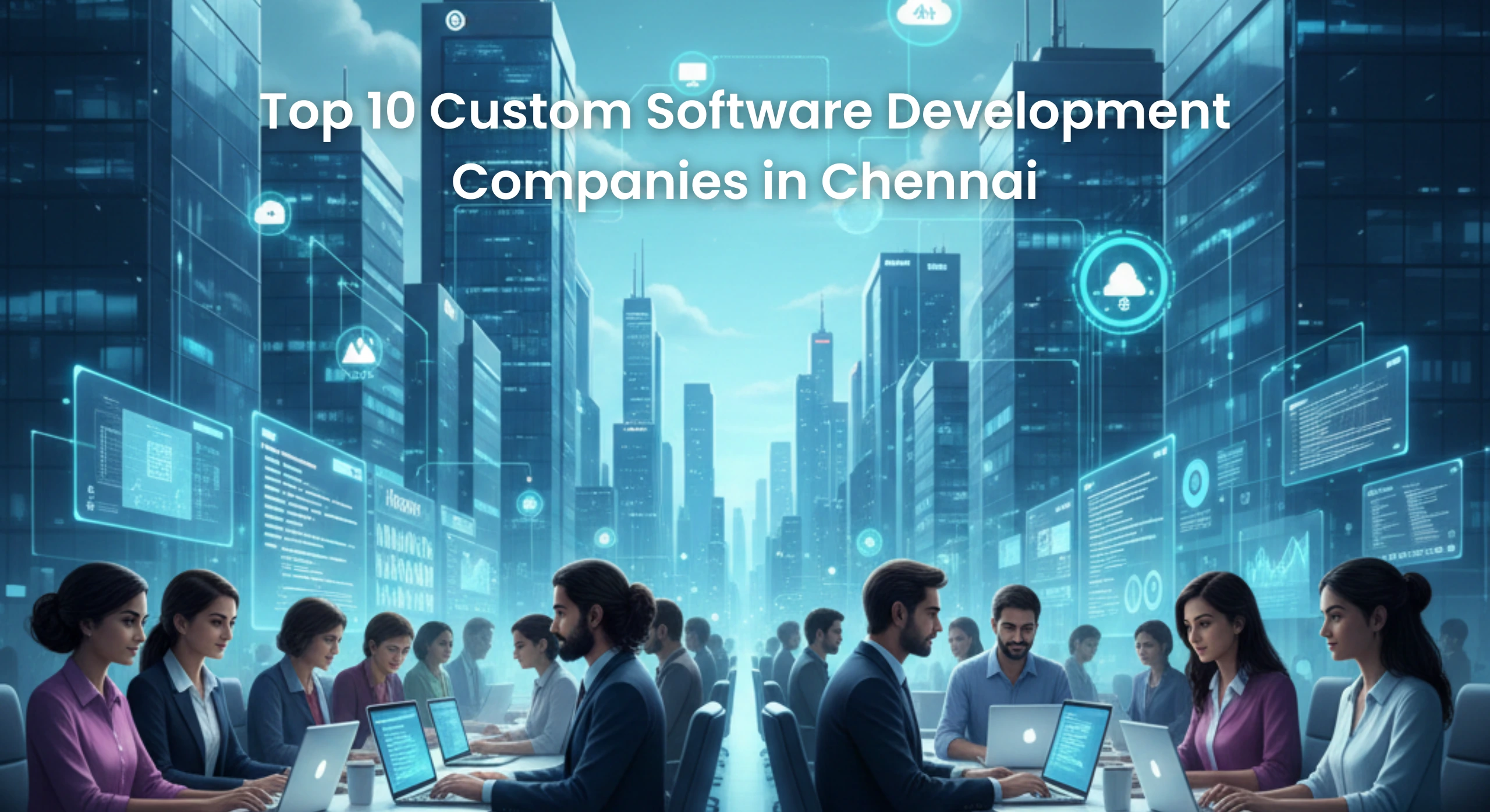 Professionals collaborating on custom software development with digital dashboards and cloud technology in a modern Chennai city IT environment.