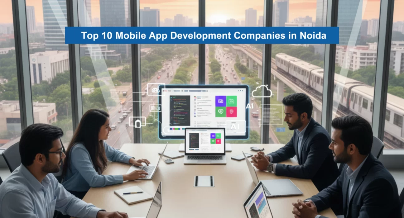 rofessional mobile app development team collaborating in a modern Noida office with city skyline and metro view, showcasing app design and coding work.
