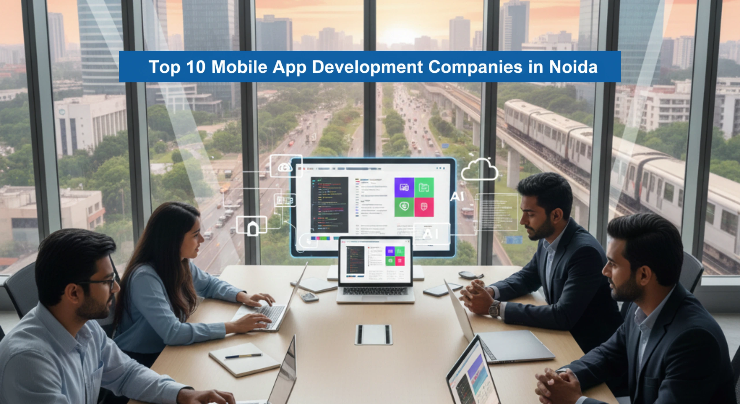 rofessional mobile app development team collaborating in a modern Noida office with city skyline and metro view, showcasing app design and coding work.