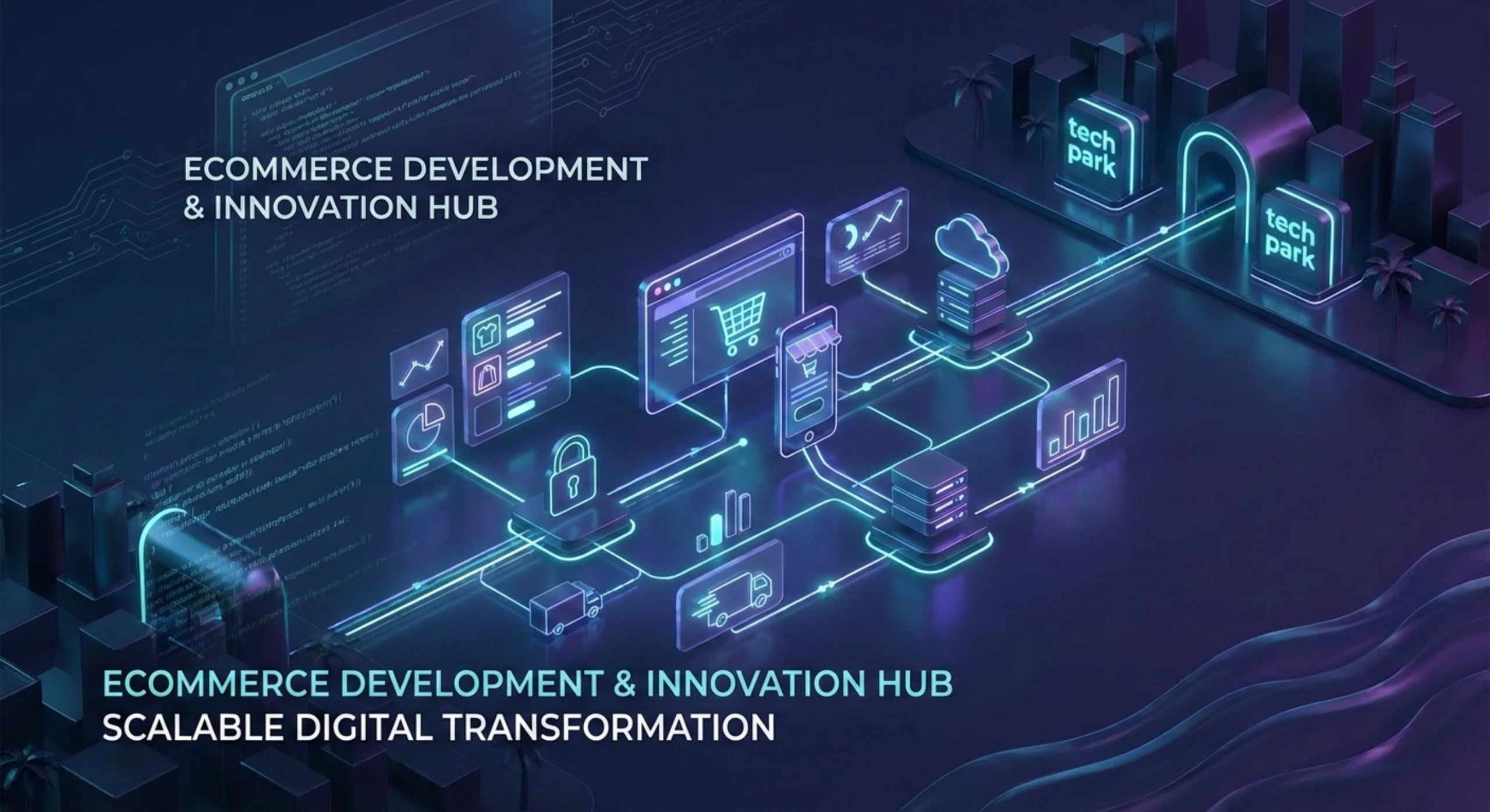 Illustration showing top ecommerce development companies in Thiruvananthapuram offering online store development, payment gateway integration, mobile commerce, and scalable digital solutions