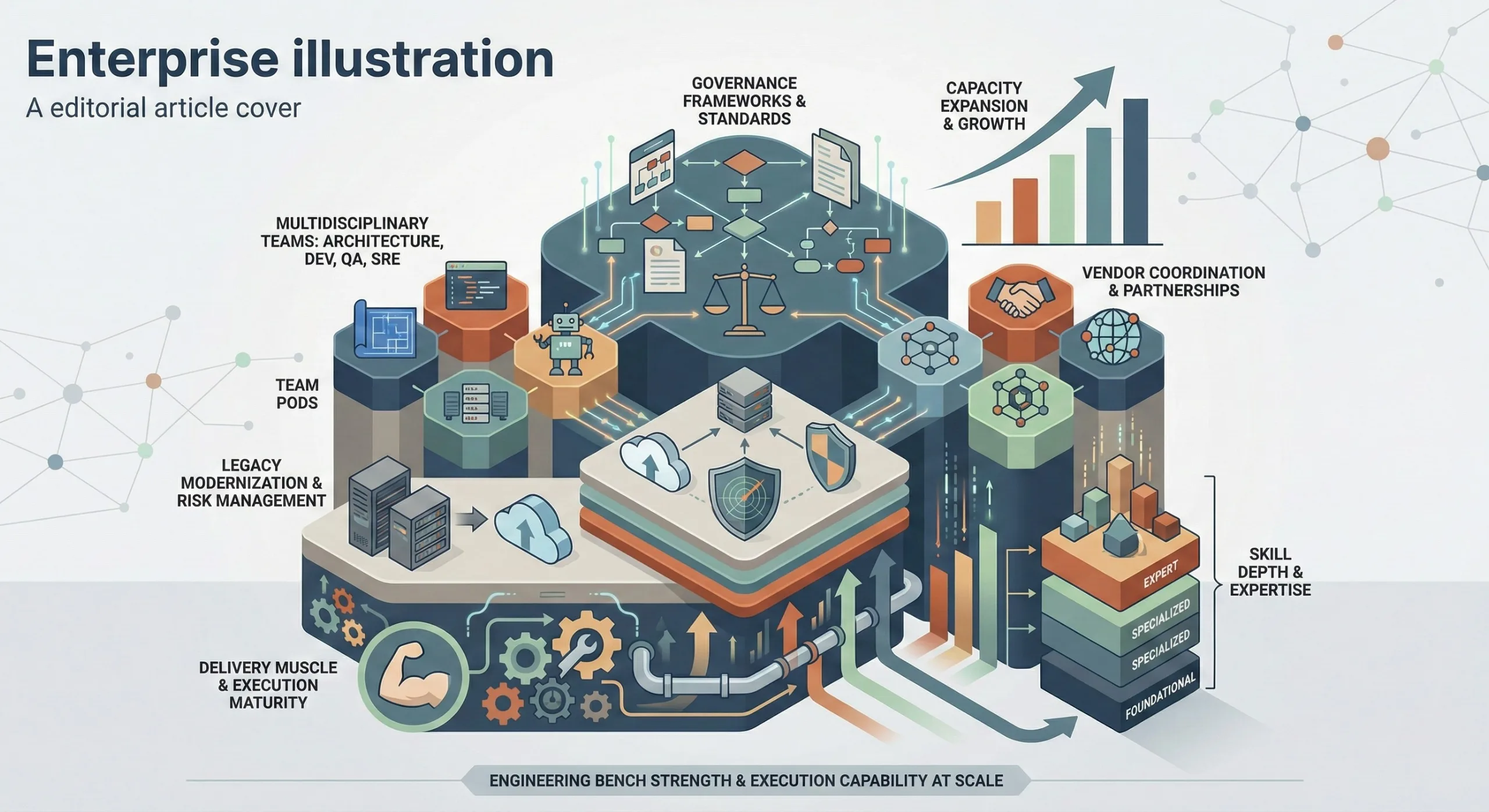 Enterprise engineering bench strength illustration showing delivery teams, governance frameworks, vendors, and legacy modernization challenges at scale