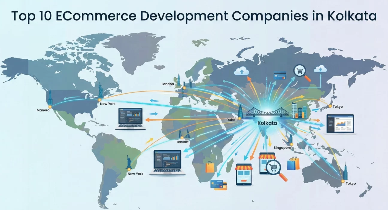 Illustration of a world map highlighting Kolkata as a central eCommerce hub, with digital connections to global cities like New York, London, Dubai, Singapore, and Tokyo, showing online stores, payment systems, analytics dashboards, and global commerce flows representing Kolkata-based eCommerce development companies serving international markets.