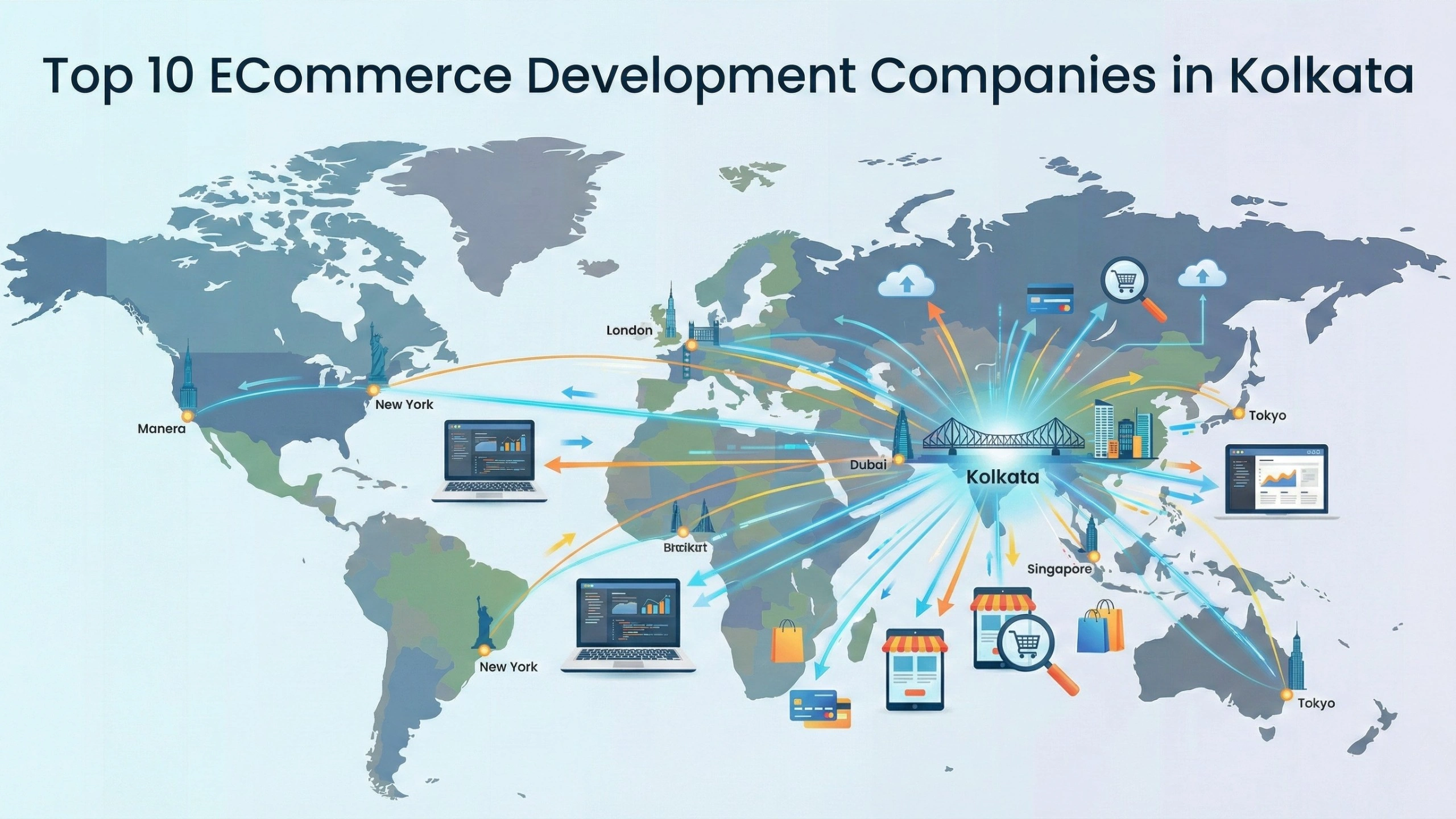 Illustration of a world map highlighting Kolkata as a central eCommerce hub, with digital connections to global cities like New York, London, Dubai, Singapore, and Tokyo, showing online stores, payment systems, analytics dashboards, and global commerce flows representing Kolkata-based eCommerce development companies serving international markets.