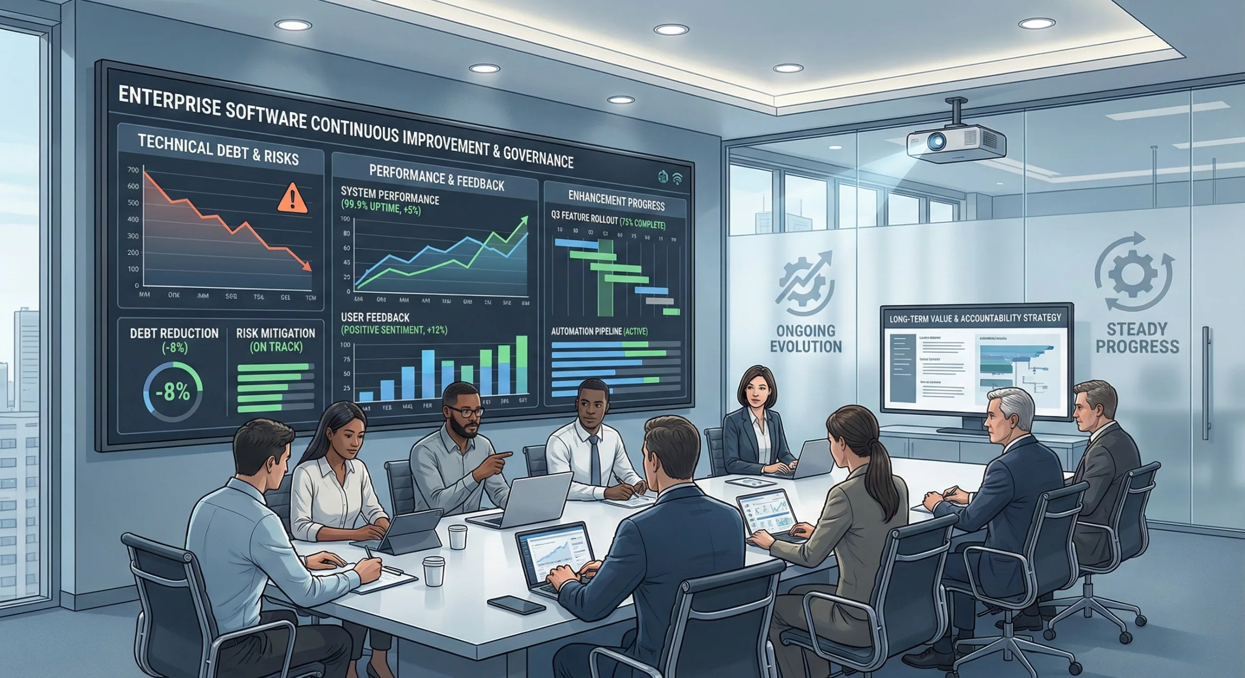 IT team implementing continuous improvement strategies for enterprise software systems