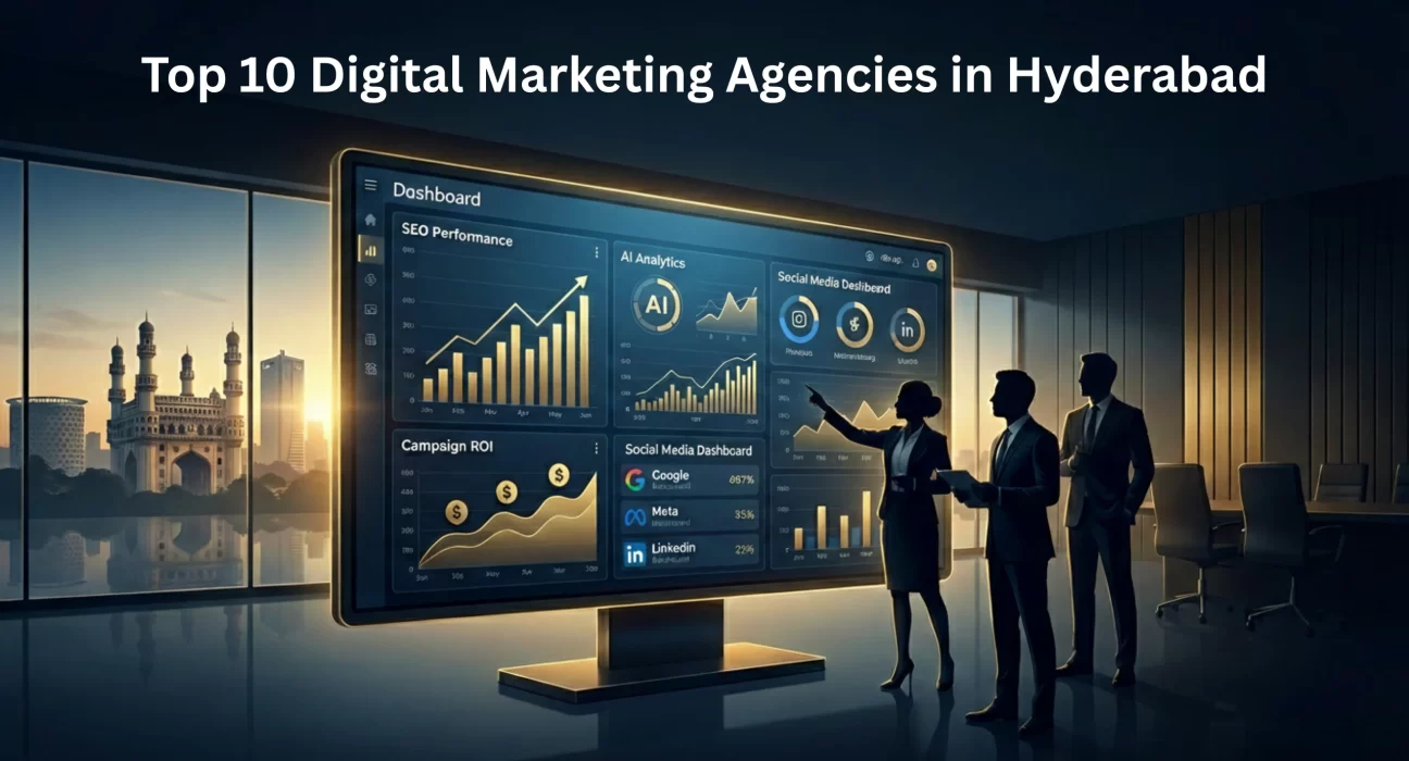Top 10 Digital Marketing Agencies in Hyderabad with HITEC City and Gachibowli skyline