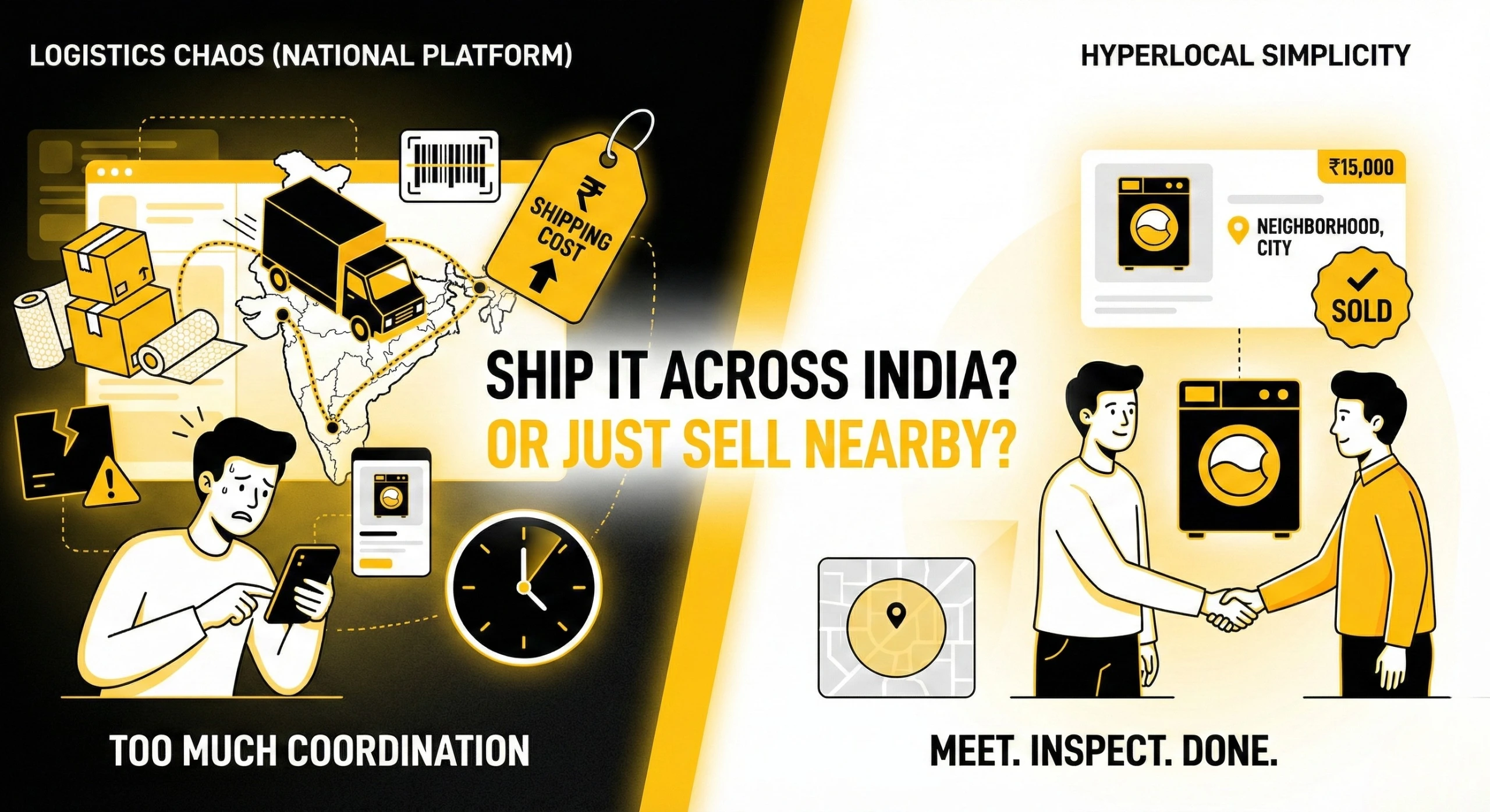 Hyperlocal app vs national marketplace comparison showing local pickup instead of shipping for used appliances in India