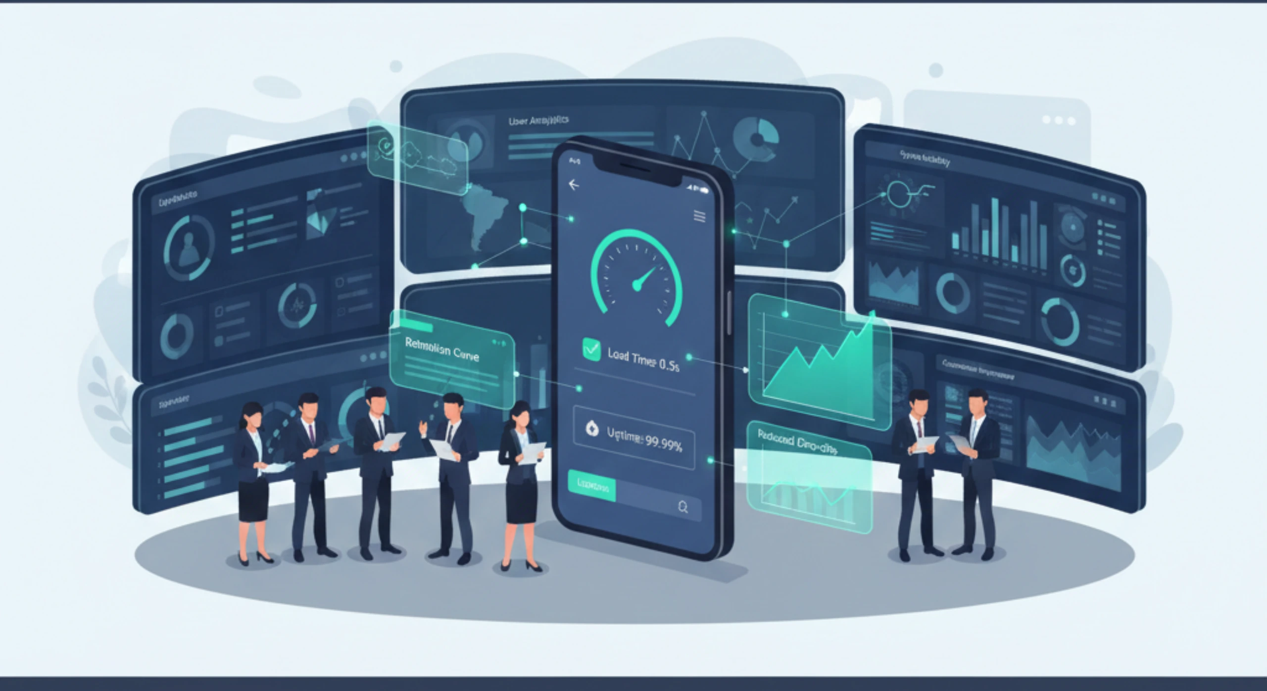 Enterprise mobile app performance and user retention with analytics dashboards and reliable user experience