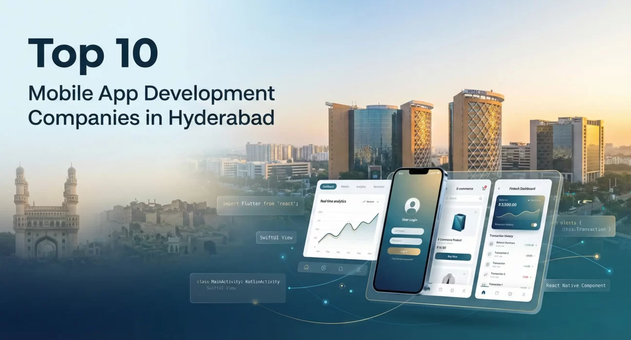 Top 10 mobile app development companies in Hyderabad with HITEC City skyline and mobile app UI on smartphone