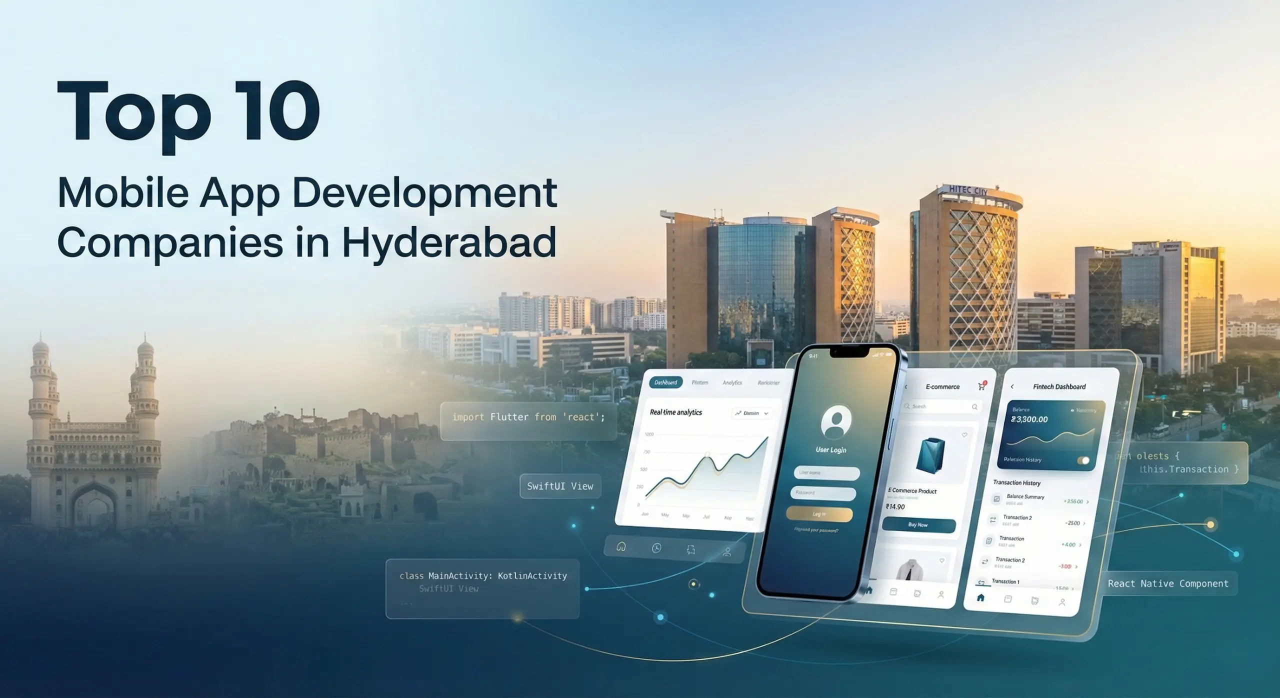 Top 10 mobile app development companies in Hyderabad with HITEC City skyline and mobile app UI on smartphone