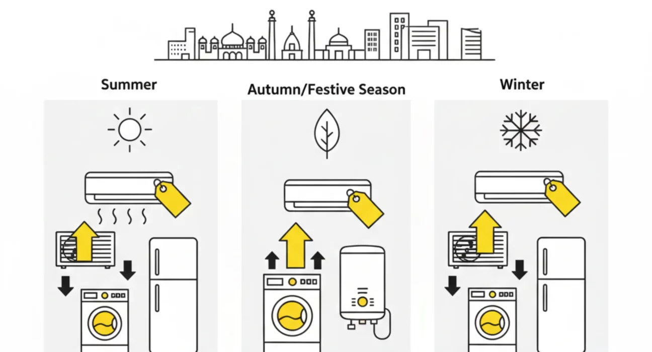 Seasonal demand patterns for used appliances like air conditioners, refrigerators, and washing machines in urban India