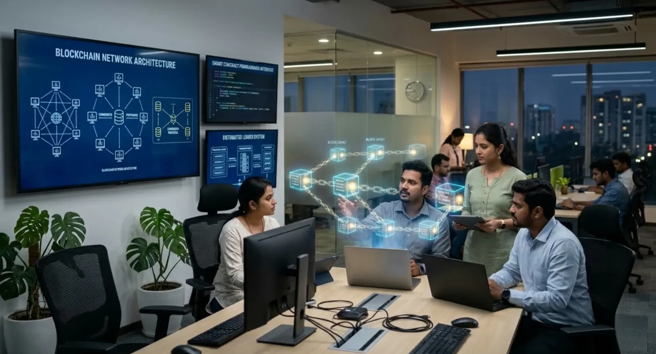Top 10 Blockchain Development Companies In Hyderabad including Ozrit, Kellton Tech, ValueLabs, Zensar and Mphasis.