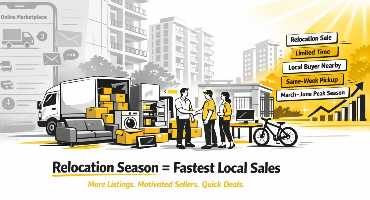 Furniture and appliances being sold locally during relocation season in Hyderabad