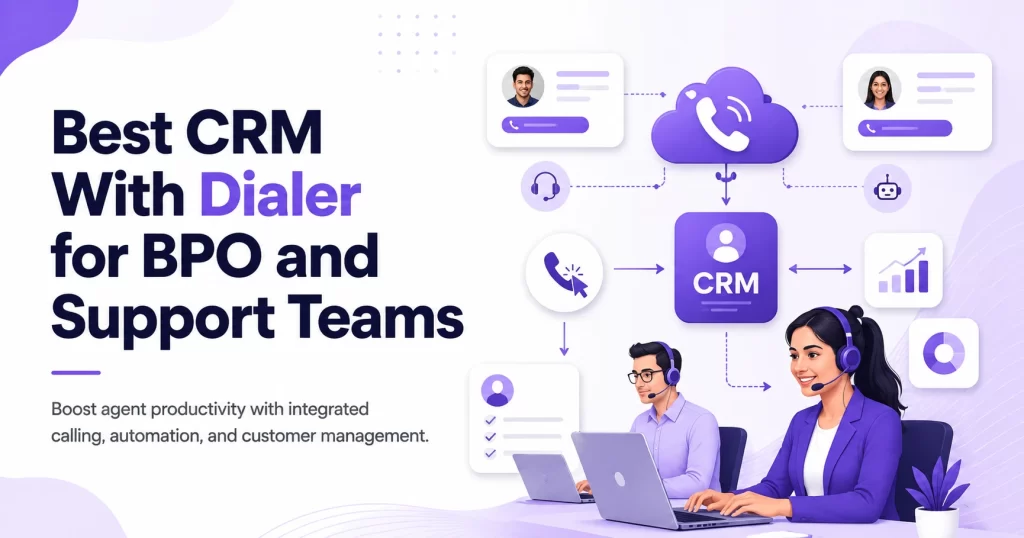 Modern BPO team using a CRM with built-in dialer, displaying customer profiles, call management tools, AI call analytics, and support workflow automation on a clean SaaS-style interface.