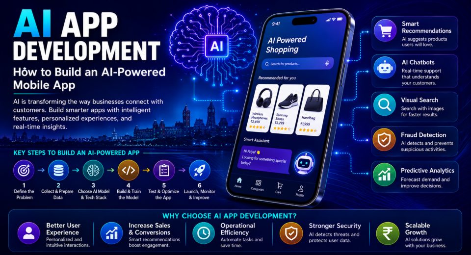 AI app development infographic showing how to build an AI-powered mobile app with smart recommendations, chatbots, visual search, fraud detection, and predictive analytics.