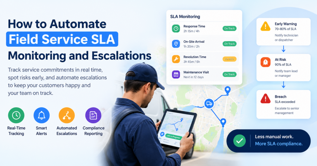 Field service SLA monitoring dashboard showing real-time tracking, alerts, and automated escalations