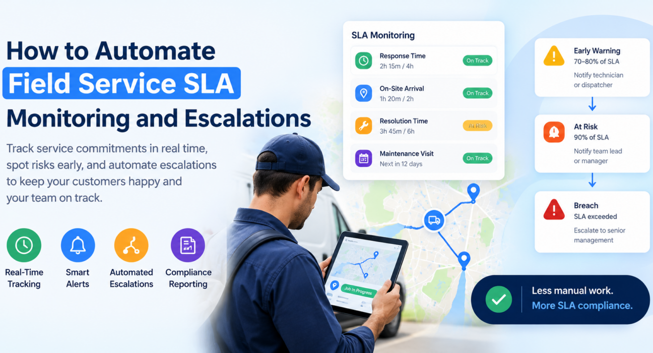 Field service SLA monitoring dashboard showing real-time tracking, alerts, and automated escalations